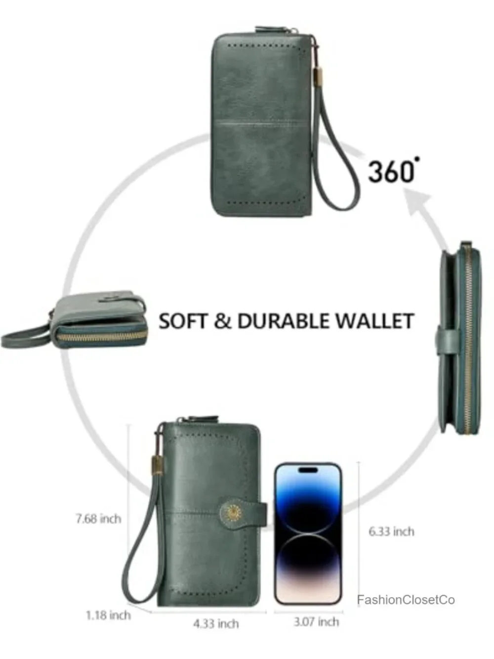 RFID Blocking Vegan Leather Large Capacity Wristlet Wallet with Detachable Strap